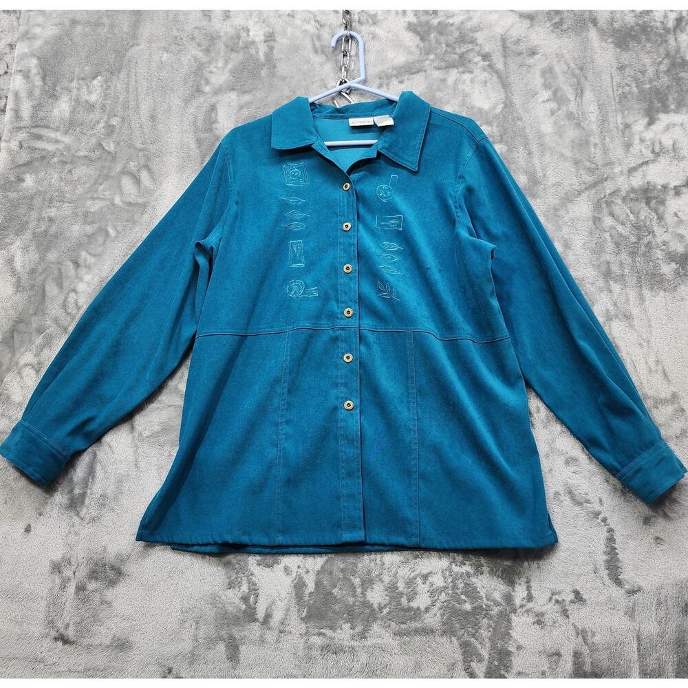Vintage KORET Jacket Womens L Blue Embroidered Faux Suede Long Sleeve‎ Shacket